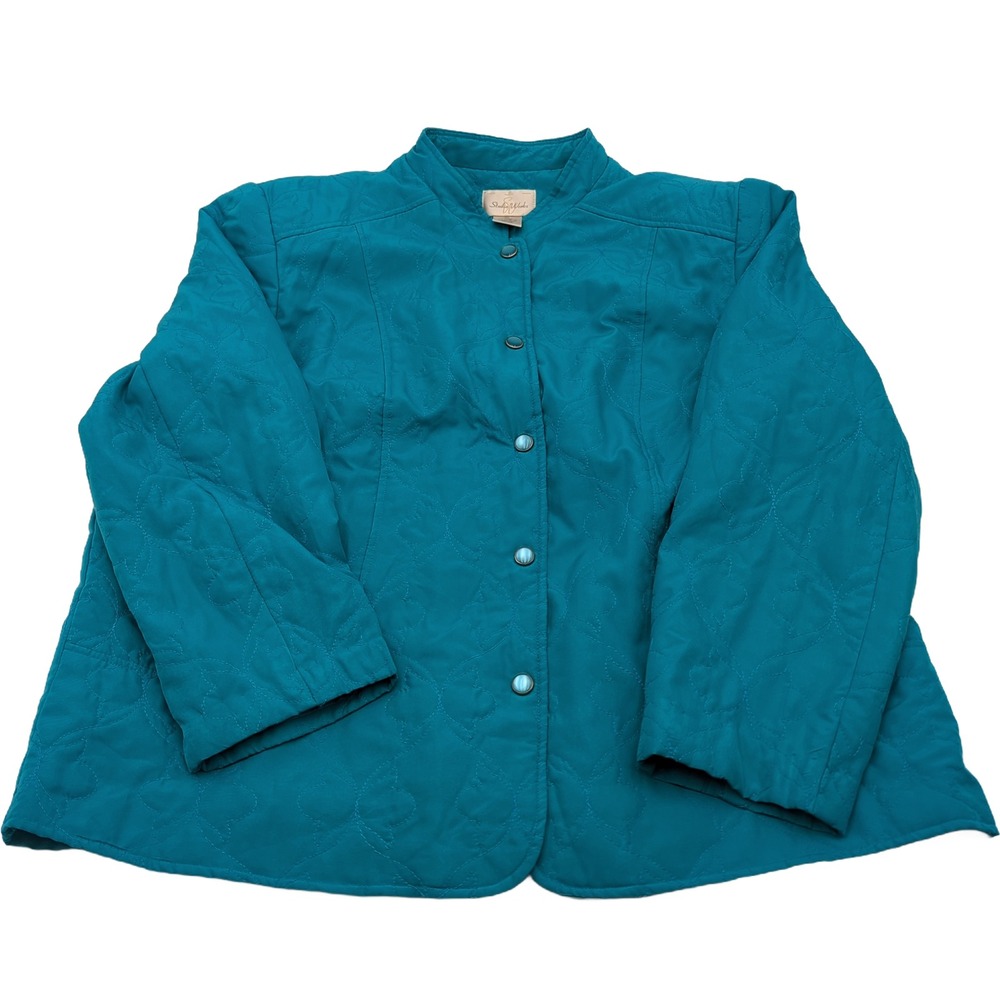 Studio Works Teal Blue Butterfly Quilted Jacket Mock Neck Button Front XL